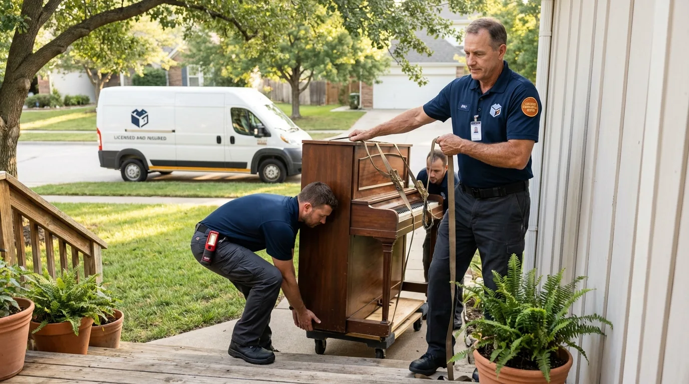 Licensed piano movers securing grand piano in Happy Camp, CA