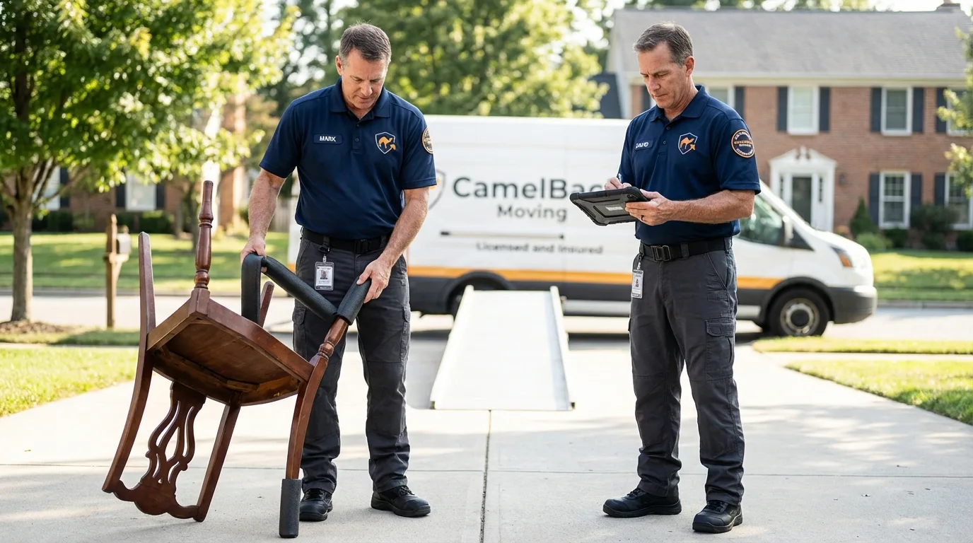 Movers inspecting furniture for damage prevention before loading in Happy Camp, CA