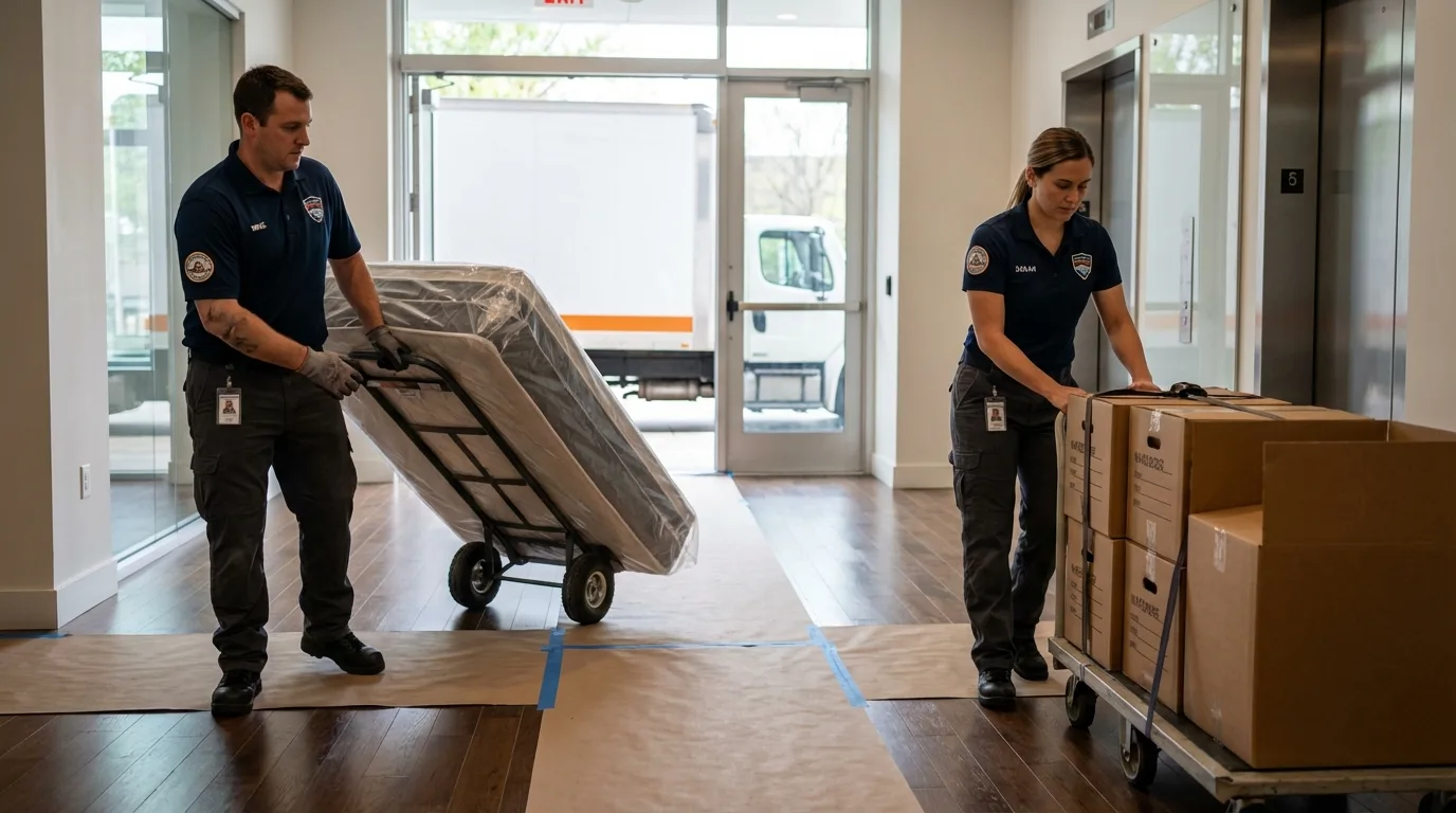 Professional apartment movers loading elevator in Happy Camp, CA